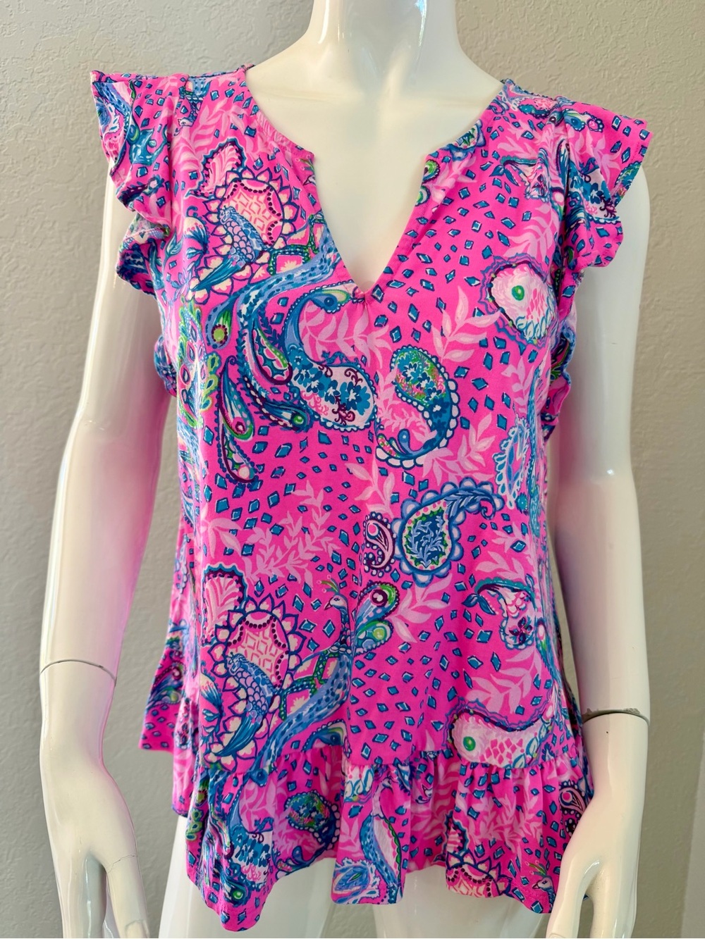 Lilly Pulitzer Pink Blue Green Paisley Flutter Sleeve Blouse